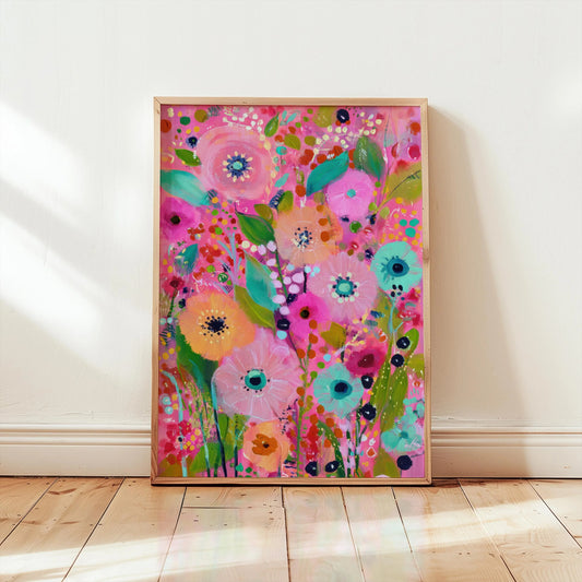 Abstract vibrant pink floral art print, whimsical flower print, colorful floral