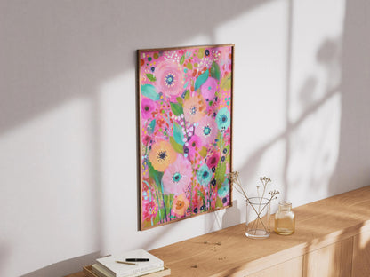 Abstract vibrant pink floral art print, whimsical flower print, colorful floral